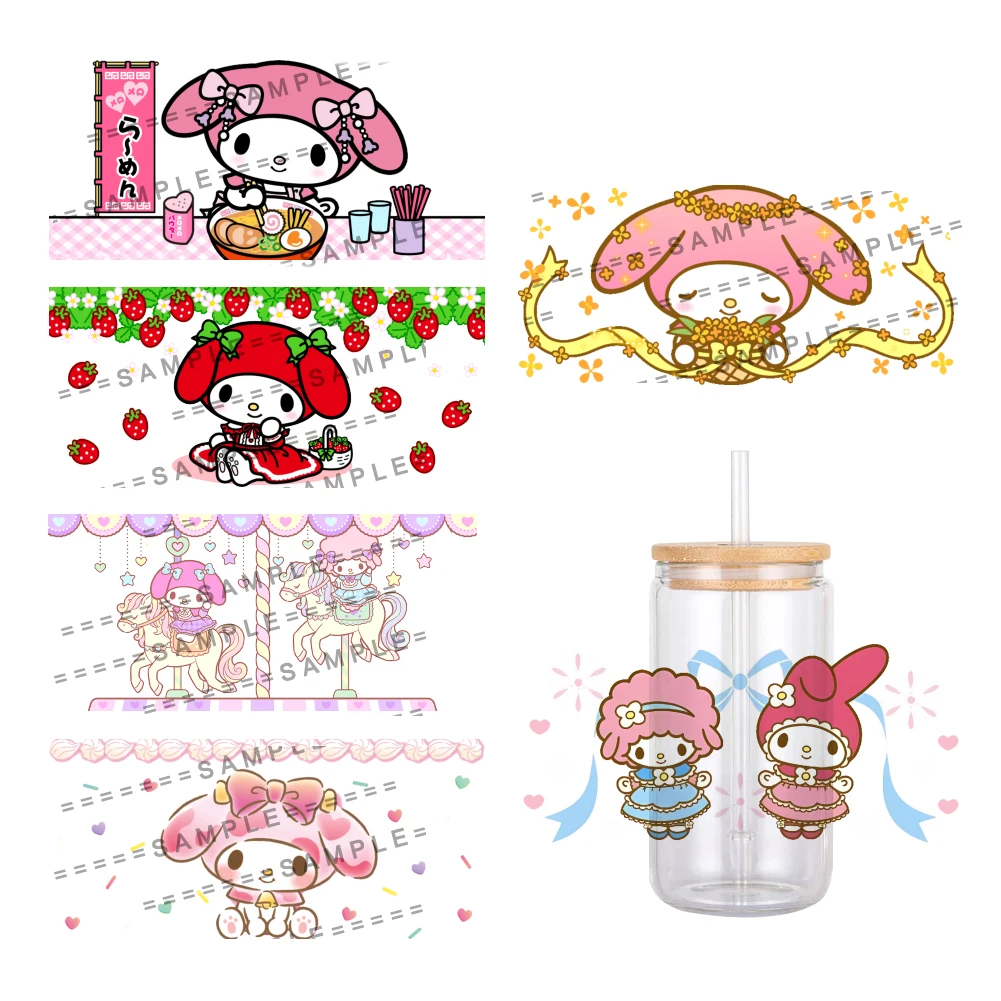 Sanrio My Melody Impresso Envoltório Adesivo para Copo de Vidro Can, Impermeável, UV, DTF Impresso, 11x24cm, 16oz