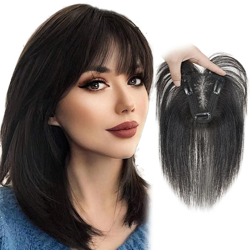 25 cm 100% capelli umani 9 * 10 cm Retina per capelli Nero Marrone scuro Clip nell'estensione dei capelli Topper con frangia Parrucca superiore
