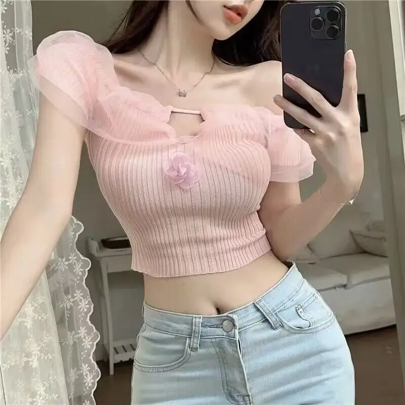 Summer French Sweet and Spicy Pure Sexy Mesh Panels Knit Sweater Top Women Niche Design Sense Knitted Cropped Top