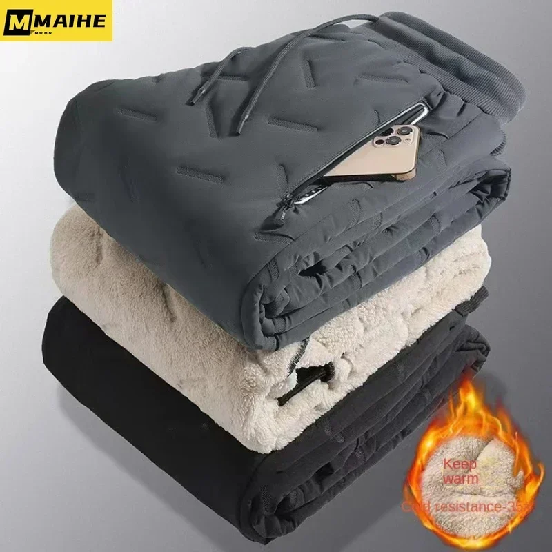 

Осенне-зимние мужские пуховые брюки, высококачественные утепленные шерстяные теплые спортивные брюки для бега, мужские водонепроницаемые повседневные брюки с подкладкой