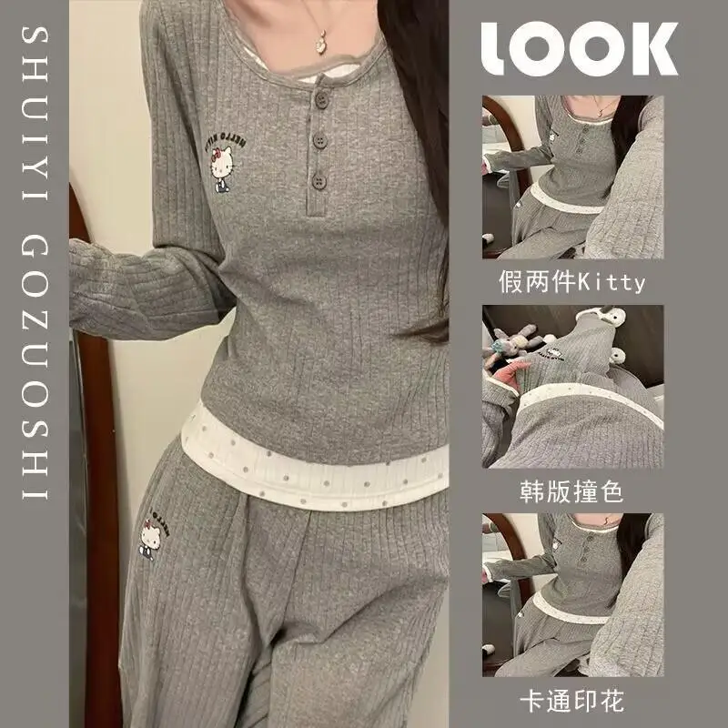 

Корейский женский пижамный комплект с длинными рукавами и брюками, весенне-осенний, новый, с кружевом, домашняя одежда, мягкий и милый комплект из двух предметов