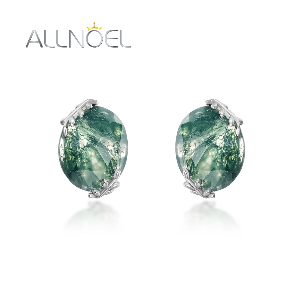 ALLNOEL 925 Sterling Silver Hypoallergenic Stud Earrings for Women Natural Moss Agate Earrings Branches Elegant Jewelry Gift