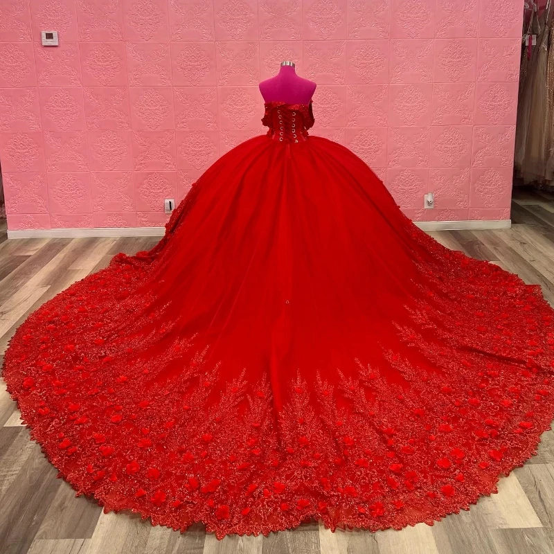 Red Sparkly Princess Off Shoulder Quinceanera Dresses Sweetheart Lace Applique Flower Sweet 16 Ball Gown Vestidos De 15 Años