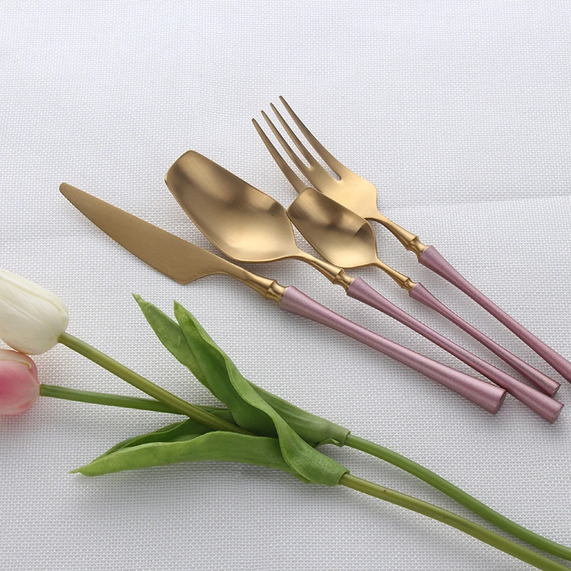 Matte Pink Gold Cutlery Sets 18/10 Stainless Steel Kitchen Dinnerware Set Spoon Fork Knife Flatware Tableware Sets