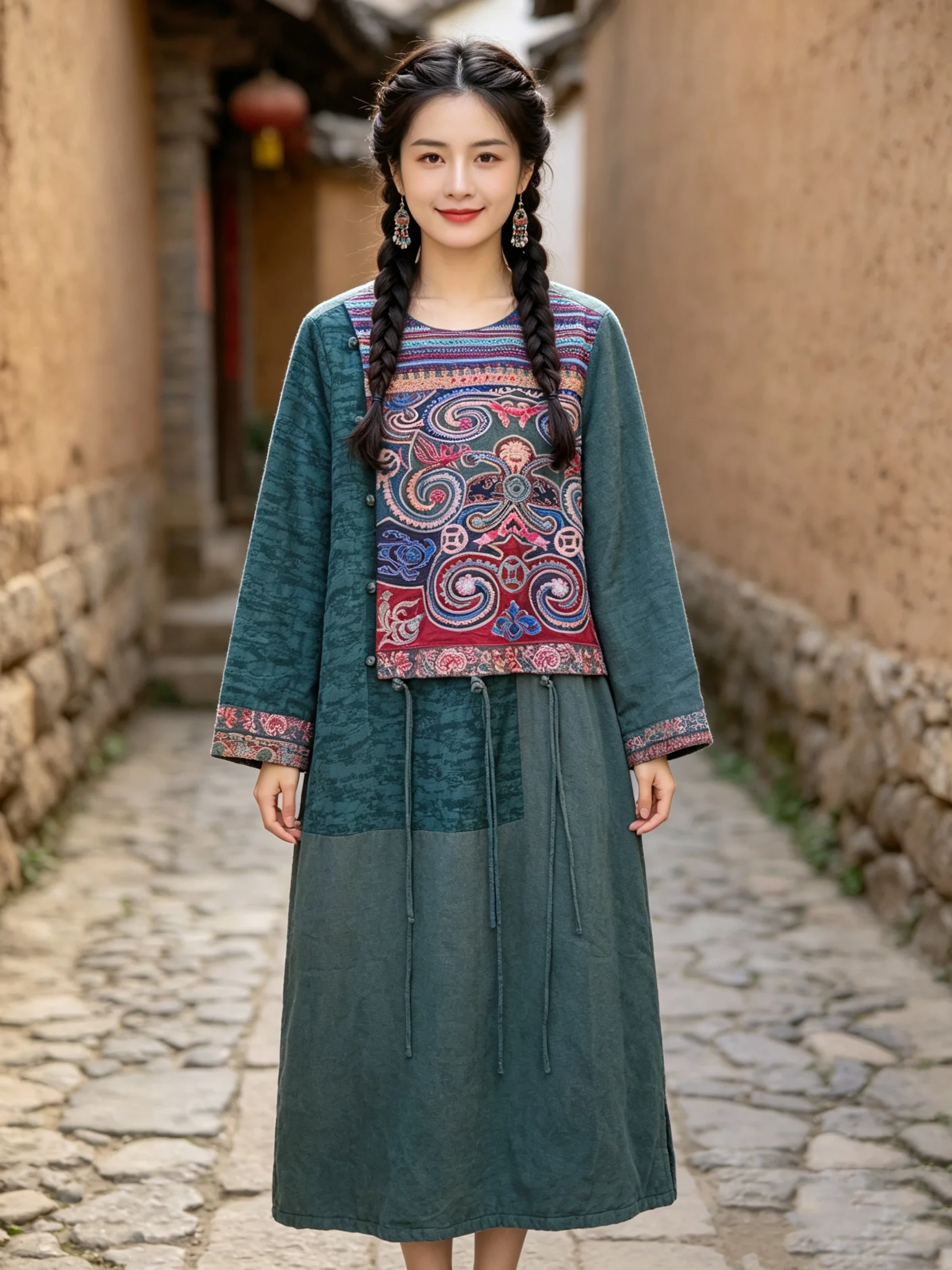 New Chinese style winter coat Green cotton linen o-Neck thicken embroidered tassel long jacket