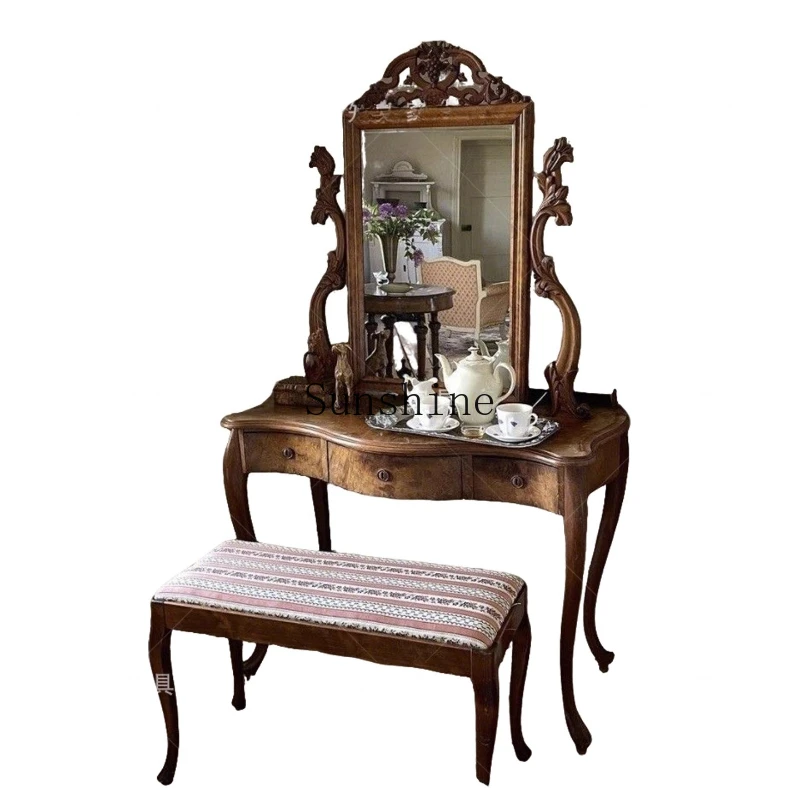 

French retro solid wood dresser small apartment bedroom multi-drawer with makeup mirror
