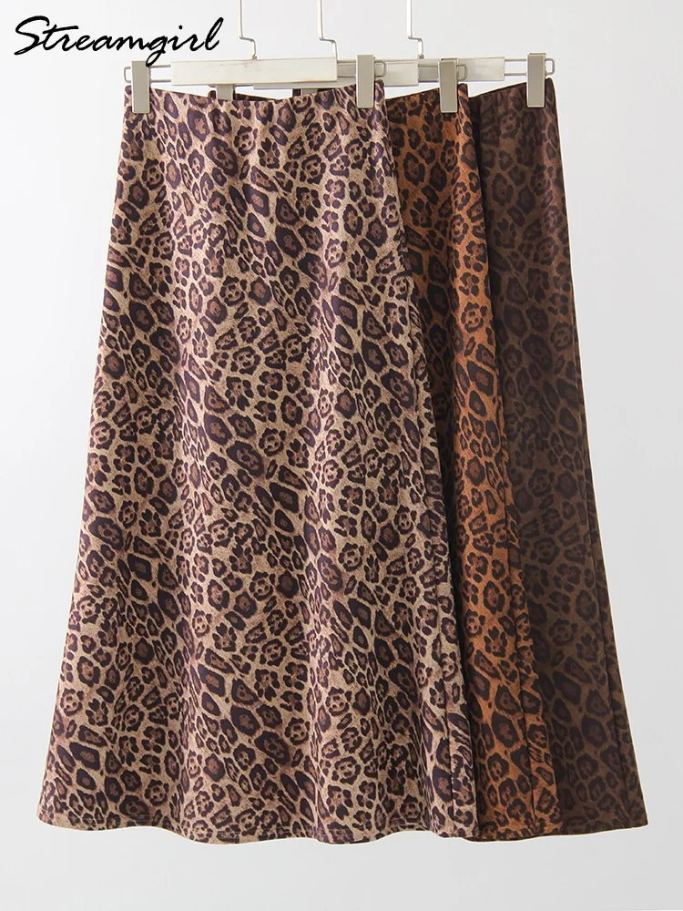 Winter Leopard Print Suede Skirt Long Women Autumn Vintage A Line Brown Maxi Skirts For Women Winter Warm Suede Leopard Skirts