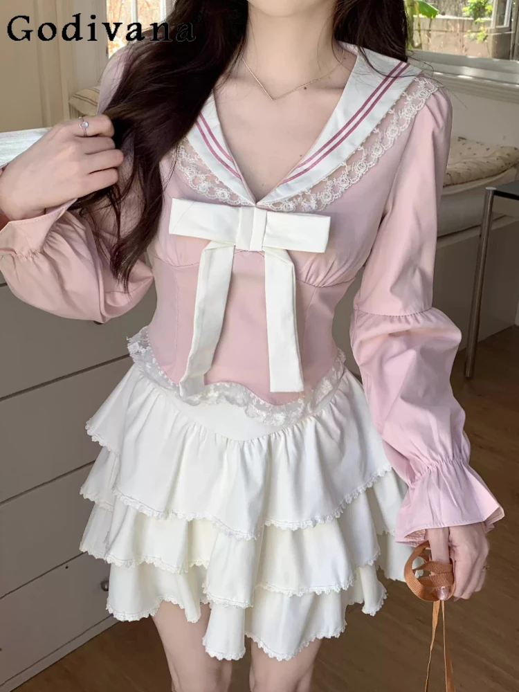 

Spring Autumn Large Size Girl Age Reduction Long Sleeve Sweet Navy Collar Japanese Shirt College High Waist Short Princess Skirt