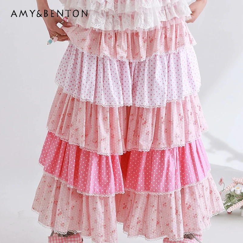 

Retro Cute Loose Women's Trousers Original Japanese Design Sweet Lolita Pink Floral Polka Dot Splicing Cake Skirt Pants Ladies