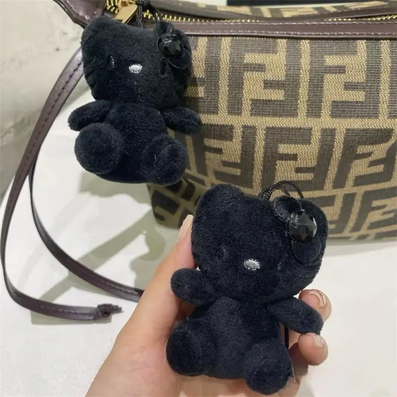 Kawaii Sanrio Plush Doll Hellokitty Surrounding Pendant Black Leather Kitty Doll Cute Pendant Instagram Girlfriends Same Style