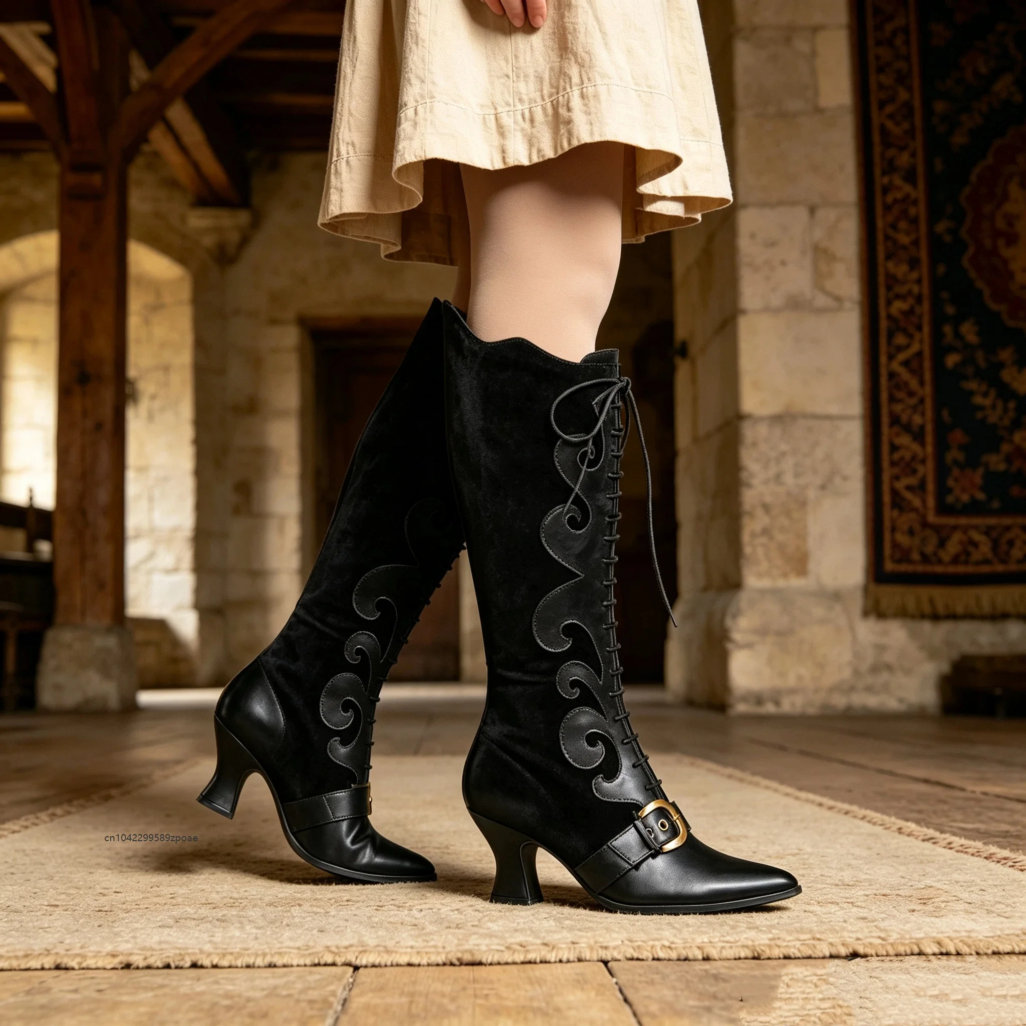 Vintage Witch Cosplay Knee High Boots Buckle Strap Pointed Toe Low Heel Footwear Halloween Medieval Renaissance Party Shoes 2026
