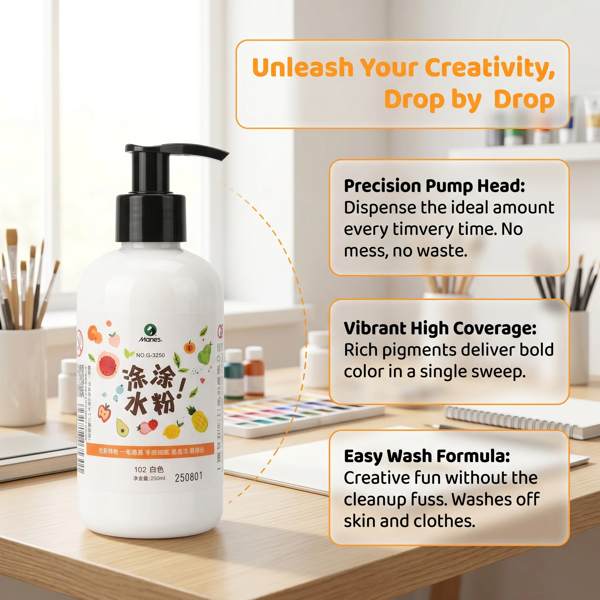 Marie's Water-soluble Gouache Paint, 250ml Large Bottle, 24 Colors Available, Easy Dilution, Bright Color for Students Daily