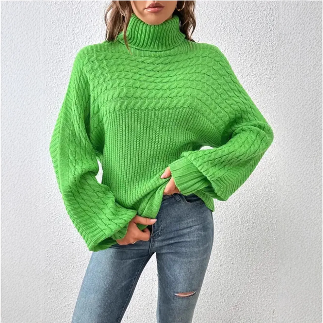 

Осень-зима, женский вязаный свитер с высоким воротом и длинными рукавами, однотонный вязаный топ, модный повседневный стиль для женщин