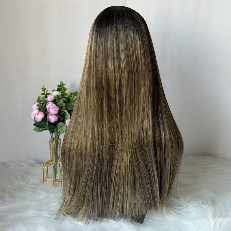 วิกผมตรงยาวแบบไฮไลท์ 20 นิ้ว ใยสังเคราะห์ทนความร้อน สีน้ำตาลเข้ม ไม่ต้องใช้กาว ดูเป็นธรรมชาติสำหรับผู้หญิง