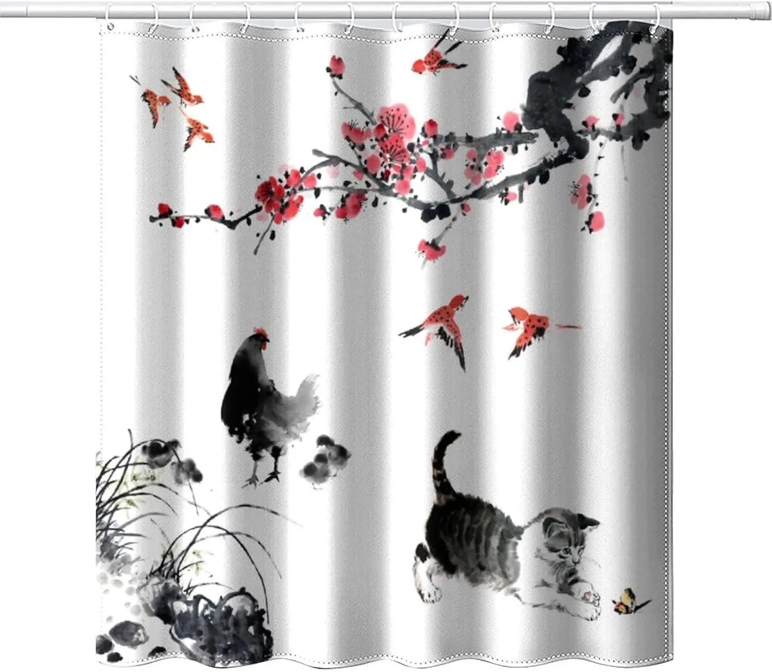 

Душевая штора в азиатском стиле с китайской живописью тушью: кошка, петух, цветы сливы. Декор с изображением животных в традиционном стиле.