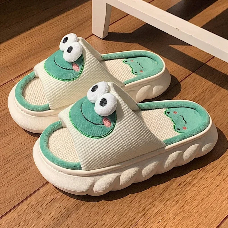 Women Cartoon Frog Slippers Winter Warm Indoor Home Slides Linen Thick Sole Couple Slipper Bedroom Anti Slip Shoes Men Sandals