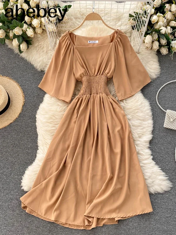 Korean Sweet Solid Women Square Collar Flying Sleeve Ruffle A-line Dresses Summer Boho  Chiffon Midi Dress