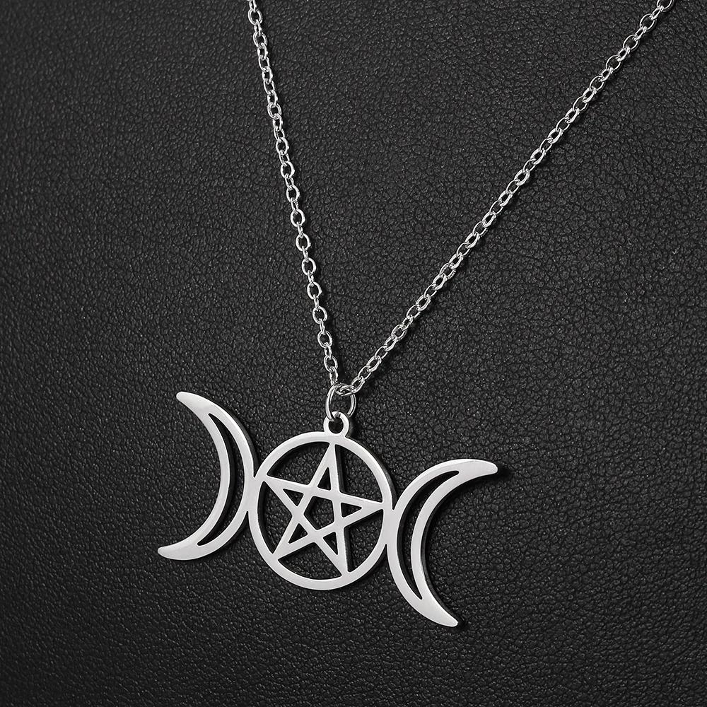 Creative Trend Double Moon Hollow Pentagram Necklace Stainless Steel Pendant Exquisite Jewelry Accessory