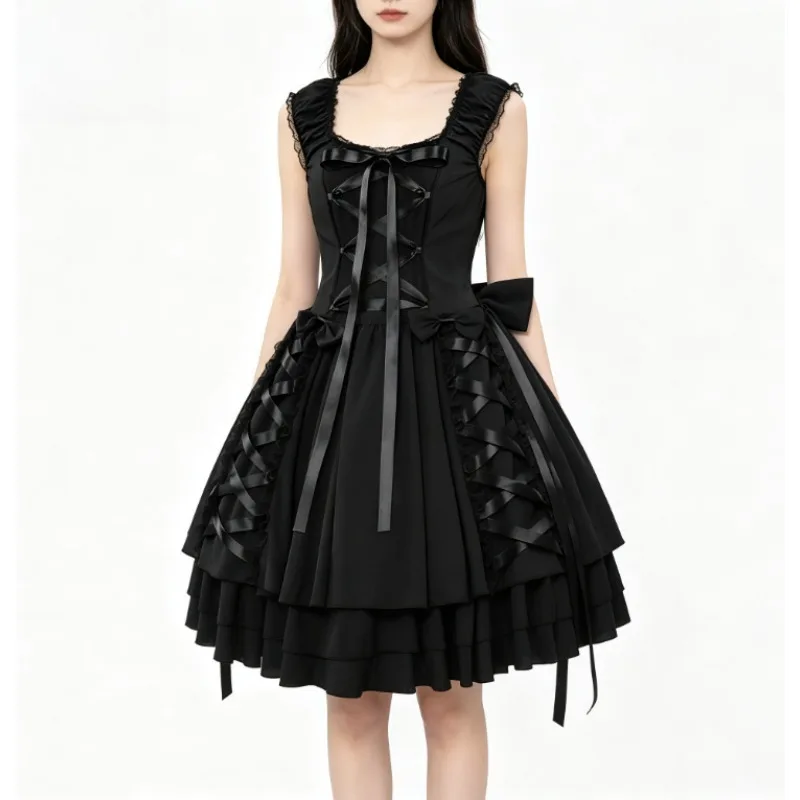 Women Vintage Gothic Lolita Mini Dress Square Neck Ruffle Lace Trim Lace‑Up Multi‑Layer Tiered Skirt for Anime Costume Event