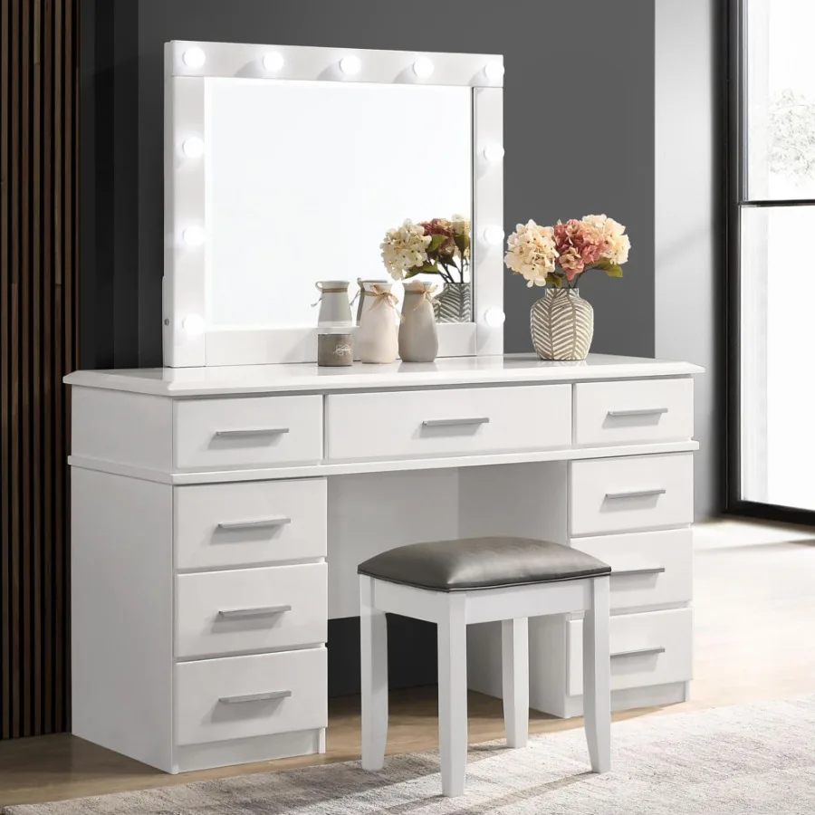 Glossy White Vanity Stool with Padded Seat