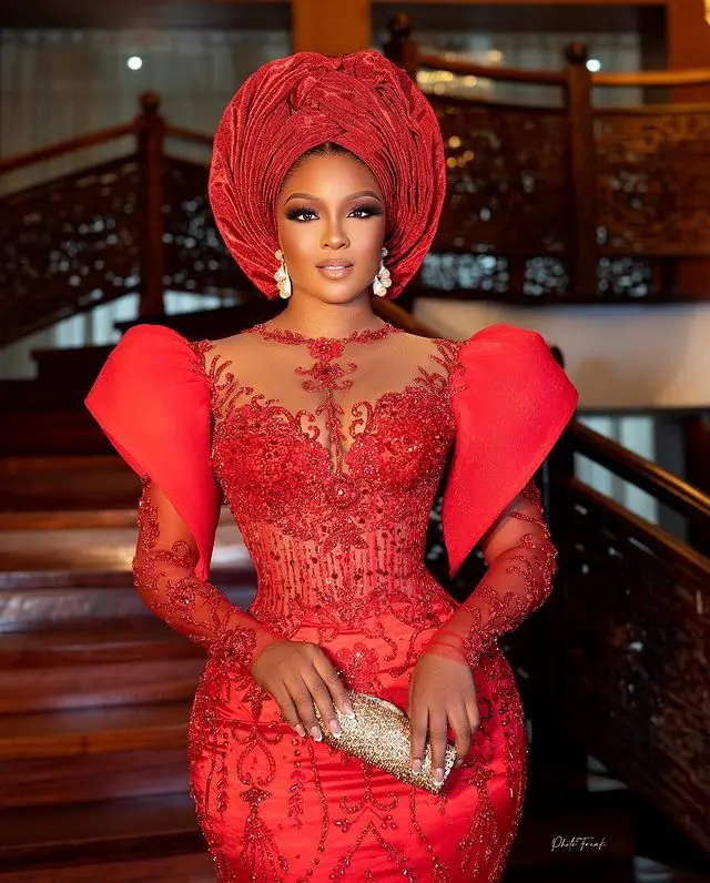 Nigerian African Aso Ebi Evening Dresses Red Mermaid Beading Lace Prom Dress Long Sleeves Luxury Black Women Formal Party Gowns