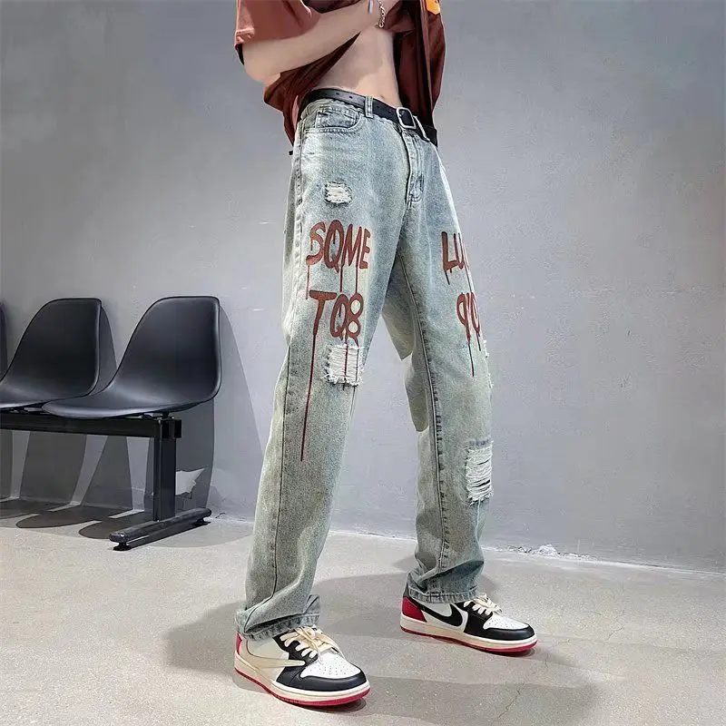 OOTDstudio American High Street Ripped Jeans Straight Leg Ins Trendy Casual Loose Trousers for Men and Women