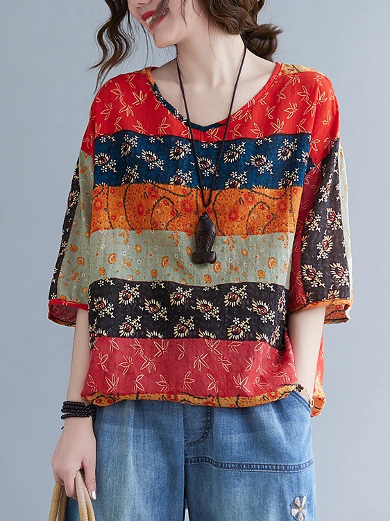

Casual Cotton Linen f Sve T-irt round Ne Loose Fit plus Size Women's Vintage Top Meat Concealing Slimming Loose rou...