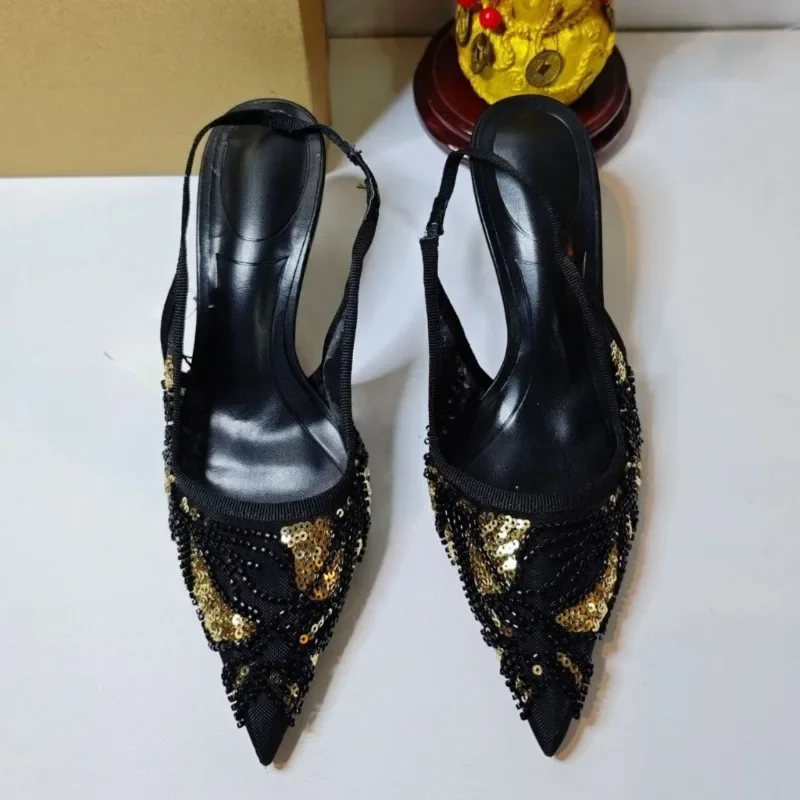 Designer Brand Summer Women High Heels Sandals Golden Sequins Sexy Mesh Luxury String Bead Wedding Prom Party Ladies Shoes