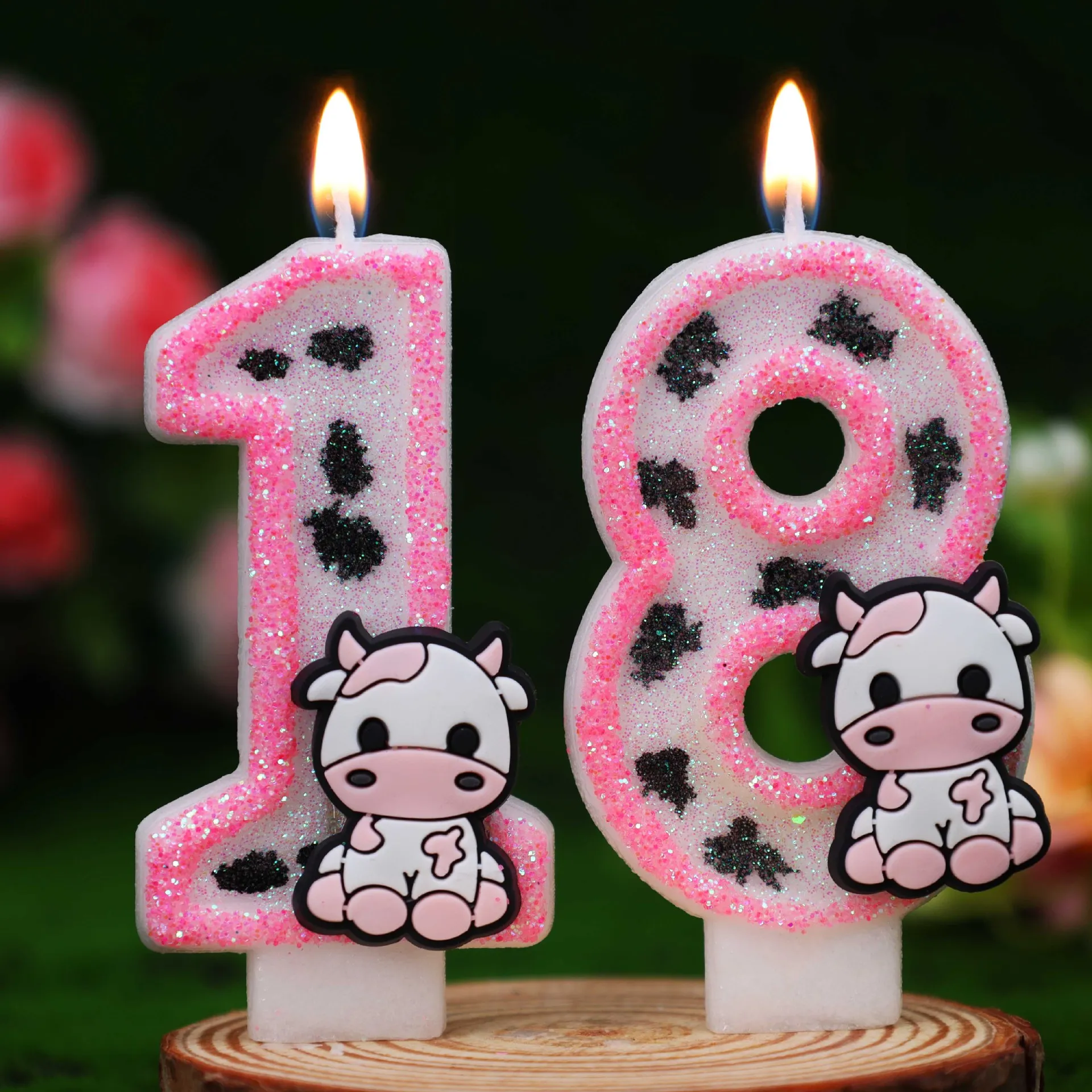 Kuhmuster-Zahlenkerzen 0-9, Niedlicher Cartoon-Kuh-Glitzer-Geburtstagstorten-Topper, Rosa Bauernhof-Tierkerze für Mädchen zum 1. Geburtstag
