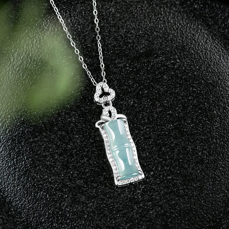 Natural A-grade Jade Blue Water Bamboo Pendant Ice Jadeite Rising Step By Step Women's Simple S925 Silver Inlaid Charms Jewelry