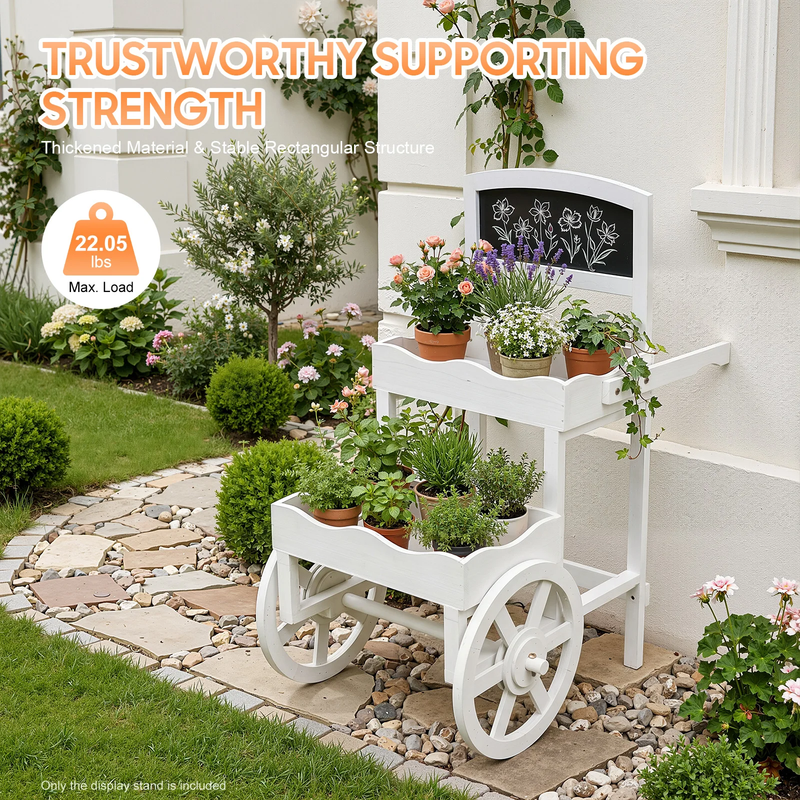 2-Tier Planter Cart, Garden Wood Flower Display Stand with Wheels, Florist Window Rack for Patio, Wedding, Party Decoration