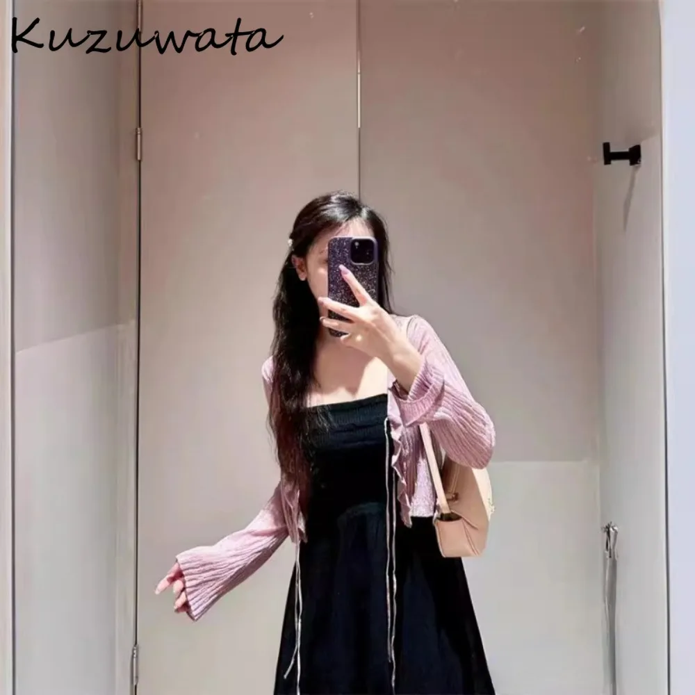 Kuzuwata Sweet V Neck Long Sleeve Elegant Jumper Solid Stripe Fungus Casual Cardigan Japan Early Spring New Lace Up Knit Sweater