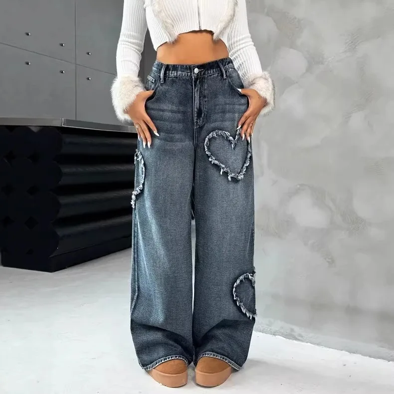 Europe, America, Street Retro Love Rough Edge Splicing Washed High Waist Loose Wide Leg Jeans Women, Cotton