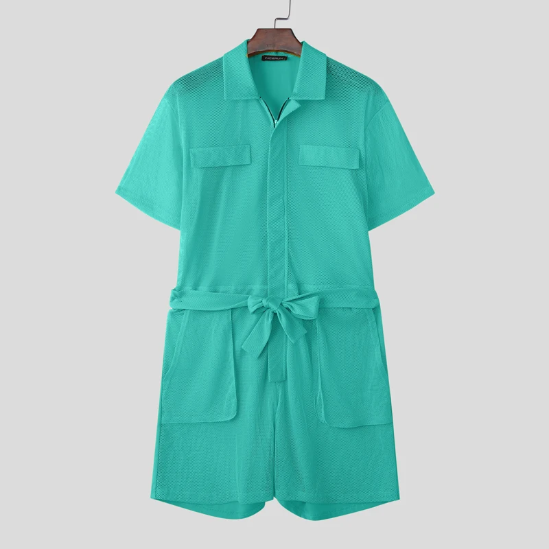 

INCERUN Men Rompers Solid Color Lapel Short Sleeve Mesh See Through Male Playsuits Jumpsuits Streetwear Sexy Vacation Overalls