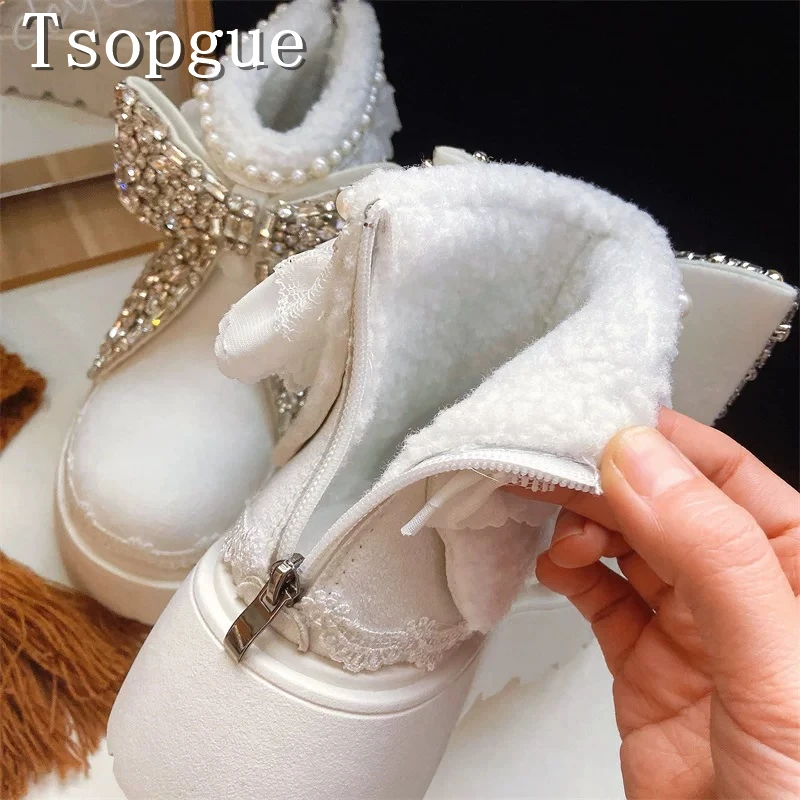 Women Sweet Lolita Style Platform Ankle Boots Sparkly Rhinestone Bow Pearl Lace Ruffle Decor Warm Winter Cosplay Fashion Shoes