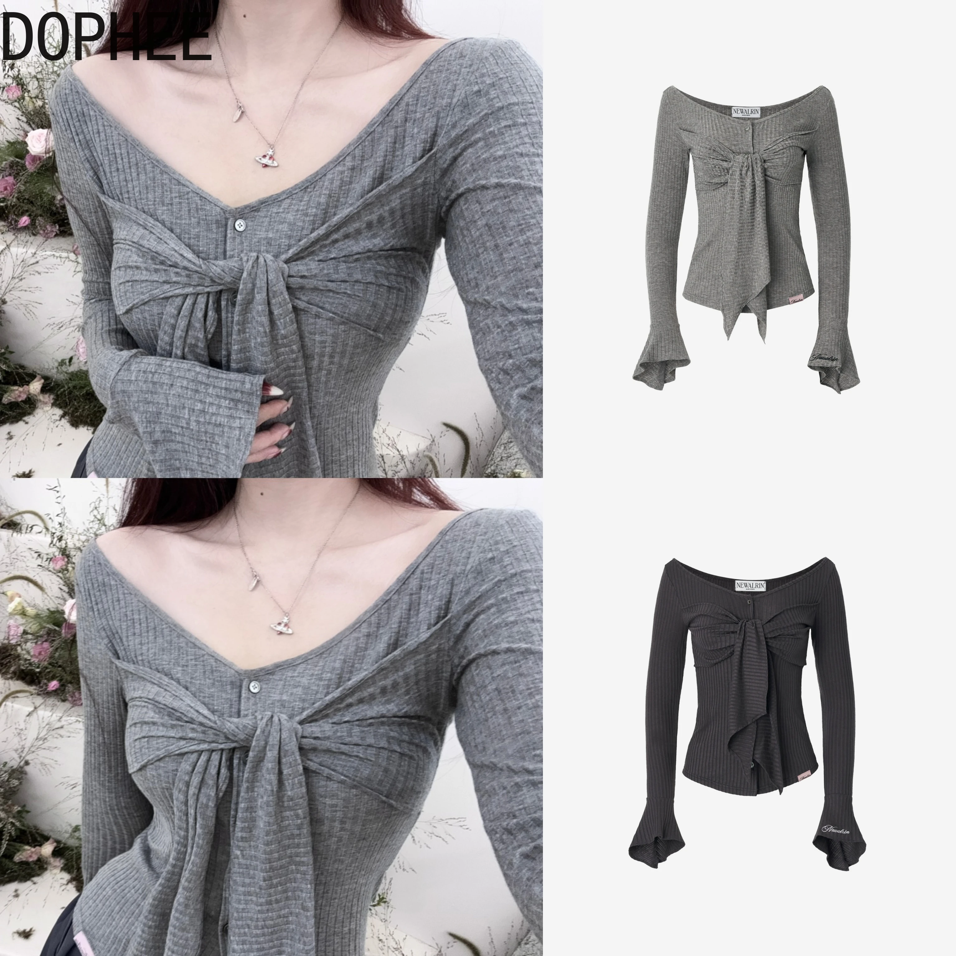 

Корейская модная женская осенняя футболка с длинным рукавом, универсальная тонкая однобортная однобортная рубашка-кардиганы с v-образным вырезом, рубашка с бандажным бантом, серые футболки