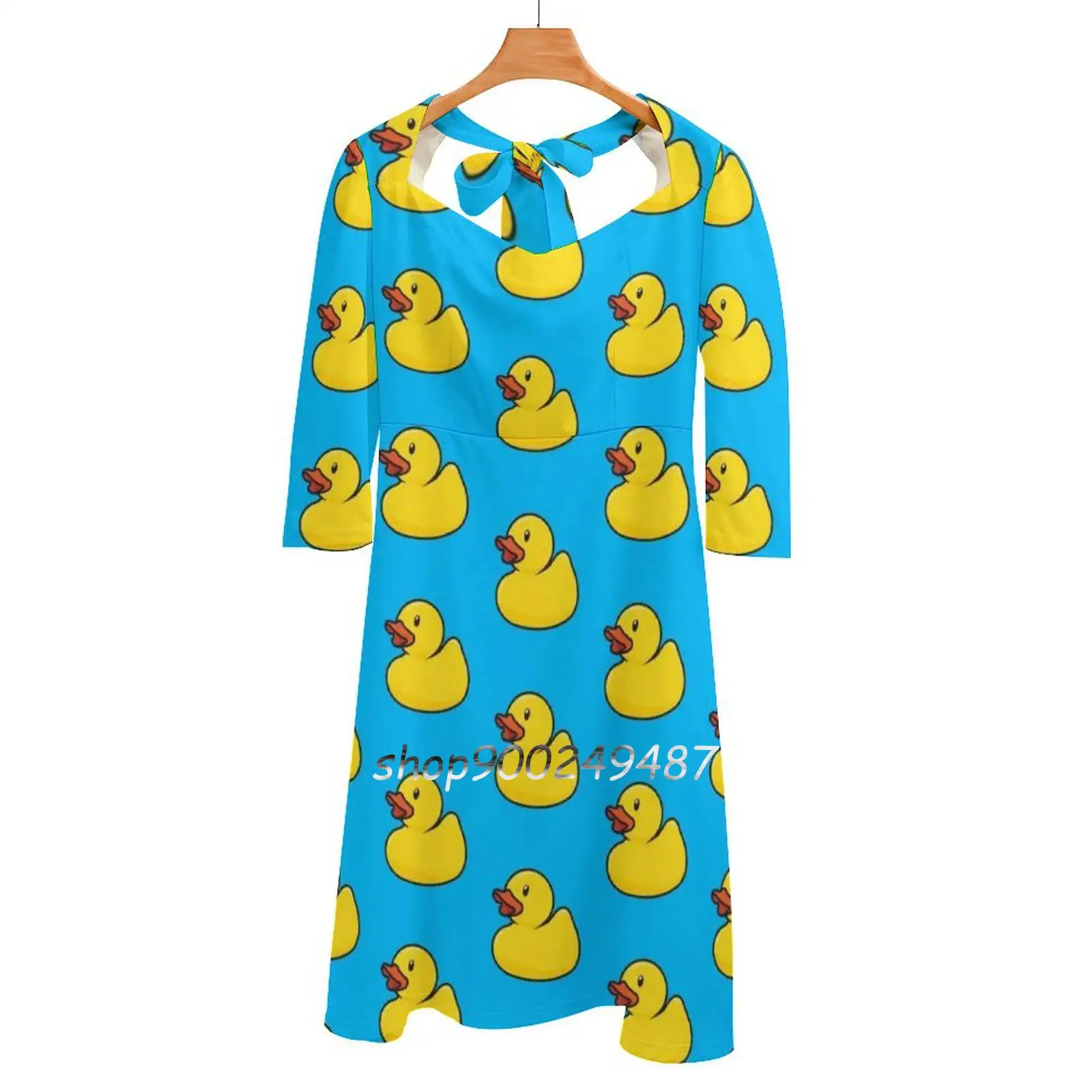 

Rubber Duck Flare Dress Square Neck Dress Elegant Female Fashion Printed Dress Duck Cute Row Yellow Blue Baby Bath Toy Ducky