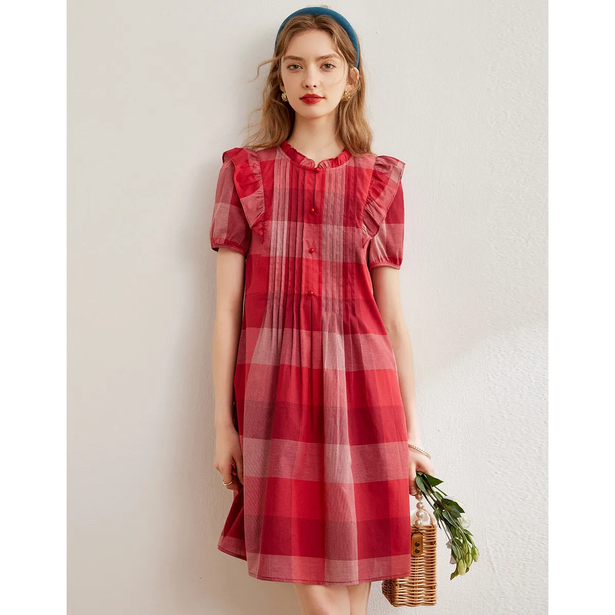 LOUIS YAO Women Cotton Dress Retro Style 2024 Summer Plaid Dress O Neck Short Sleeve Sweet Fashion Dress