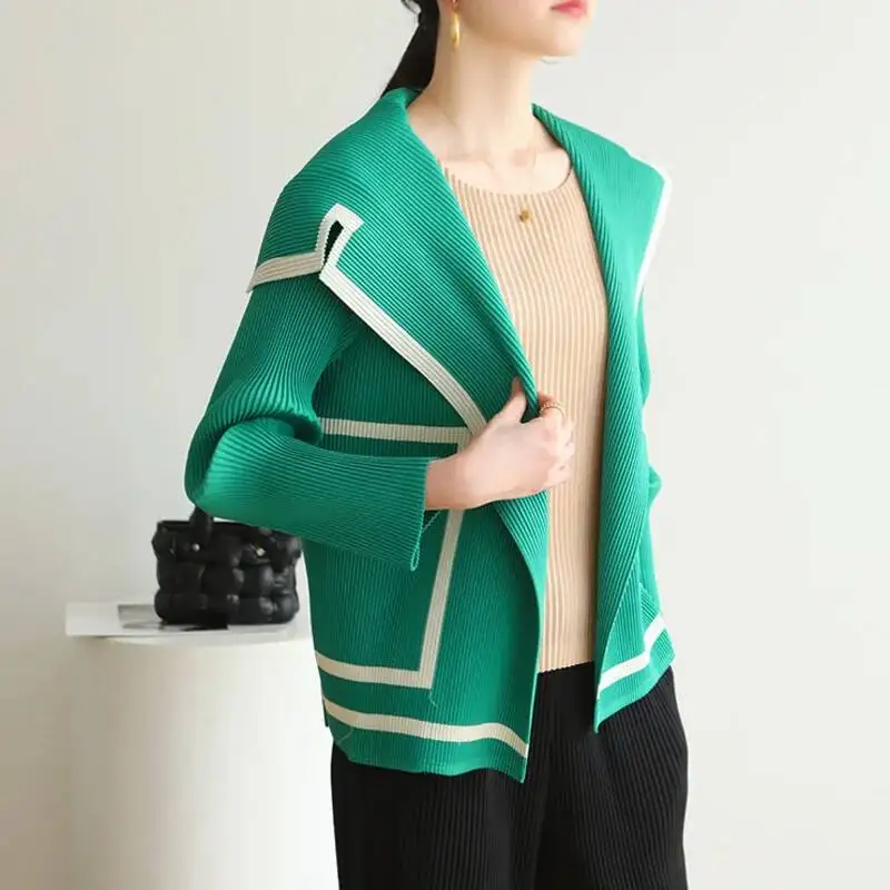 Patchwork Pleated Colorblock Women's Jackets Sailor Collar Single Breasted Elastic Loose Long Sleeve Coat Chic 2TUA5