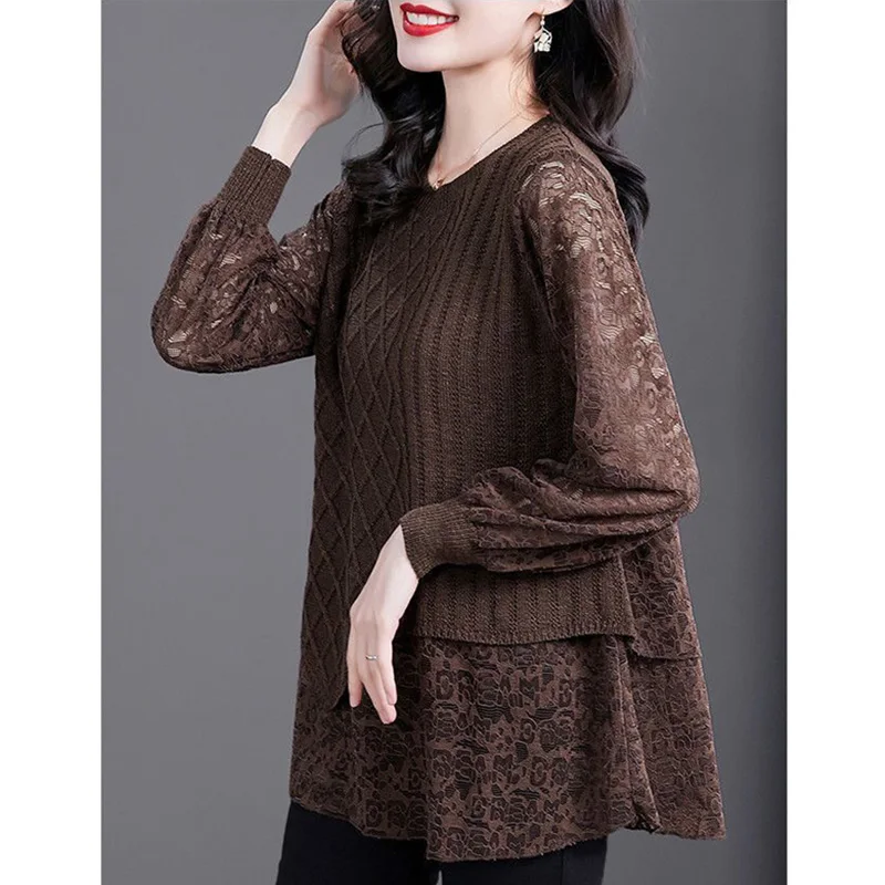 Elegant Hollow Out Lace Fake Two Pieces Blouse Women\'s Clothing 2023 Autumn New Casual Pullovers Commute Shirt