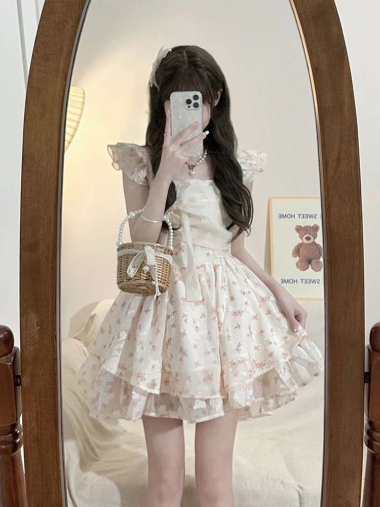 Jmprs Floral Süße Nette Bogen Kleid Frauen Schlank Vintage Fliegen Sleeve Mini Kleid Sommer Elegante Vintage Französisch Sexy Dame Vestidos