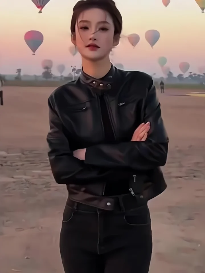 Sli ort PU-Leder Jaet Damen Faionable Biker-Mantel, schmale Passform, amerikanisches Design, trendiges Oberteil, winddichter Reißverschluss