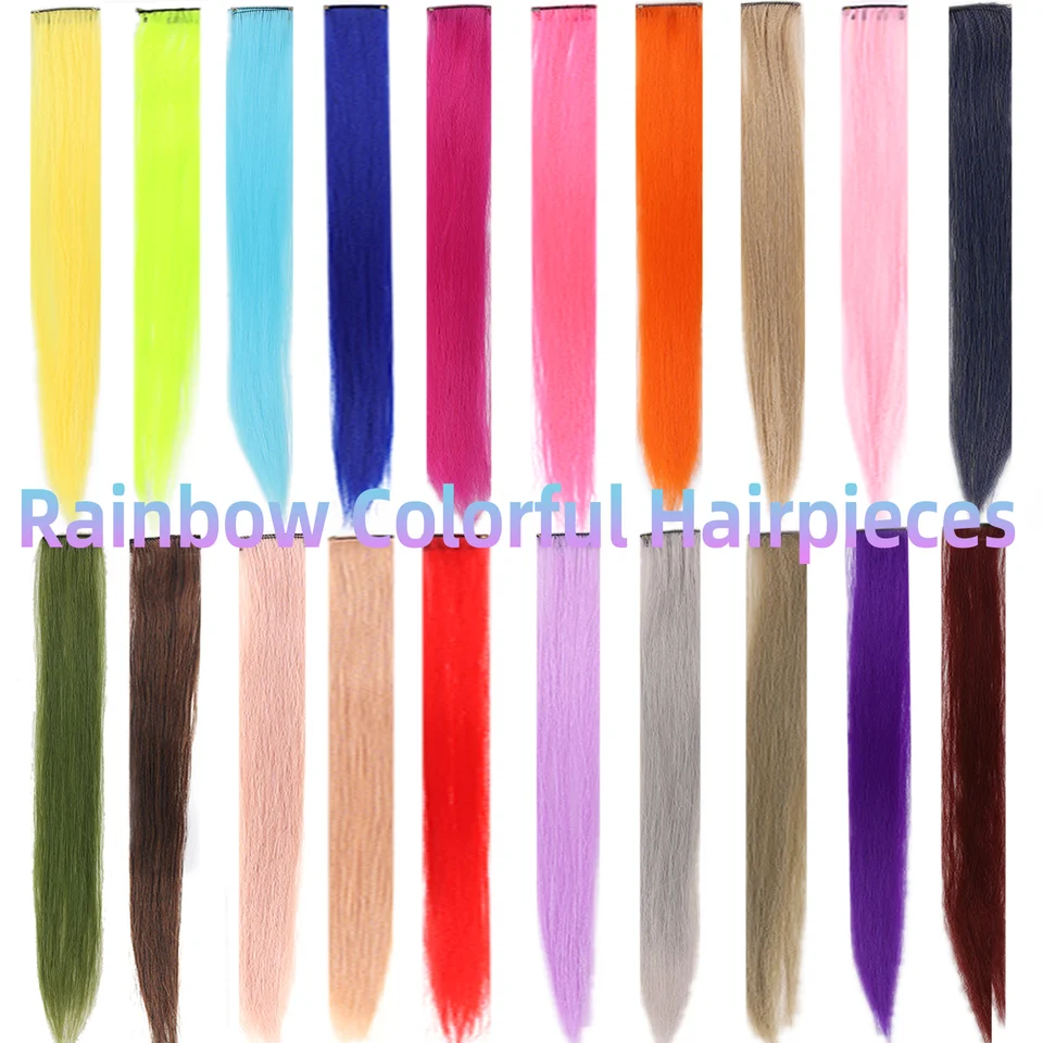 LUPU Extensiones de Cabello Sintético con Mechas de Colores Arcoíris Largas y Lacias para Mujeres Niñas Púrpura Rosa Azul 22 Pulgadas 5