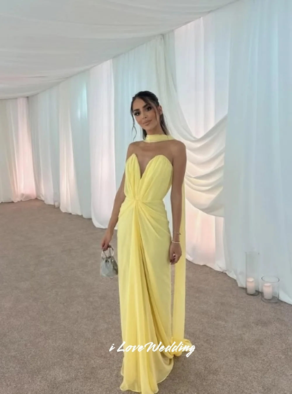 

Yellow V-neck Evening Dresses 2025 Chiffon Sleeveless Pleated Mermaid Floor-Length Prom Dresses Wedding Party Dresses Customized