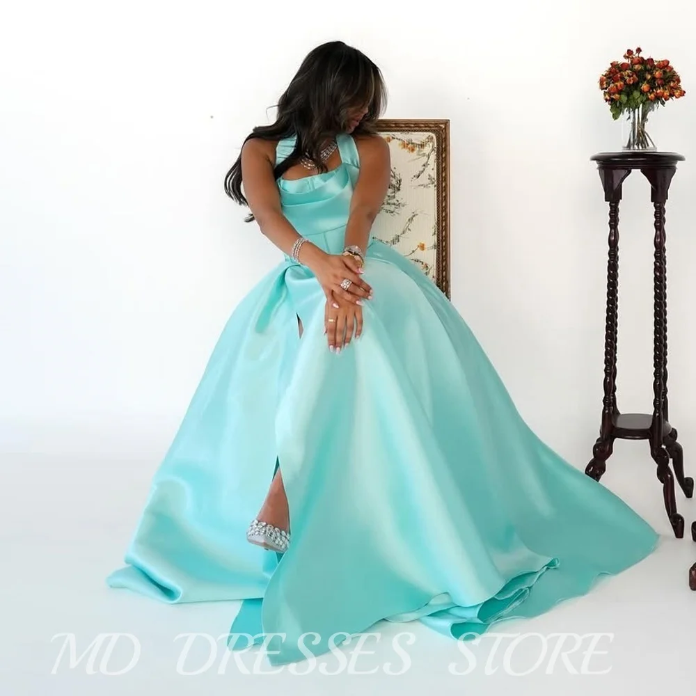 

MD Turquoise Halter A-line Prom Gown Sleeveless Long Formal Occasion Dresses Side High Slit Prom Party Gowns Customized Graduate