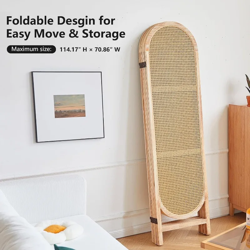 6 Panels Room Divider, Foldable Wooden Room Divider, Individual Privacy Screen Made of Hand-Woven Rattan, Portable Wall Divider