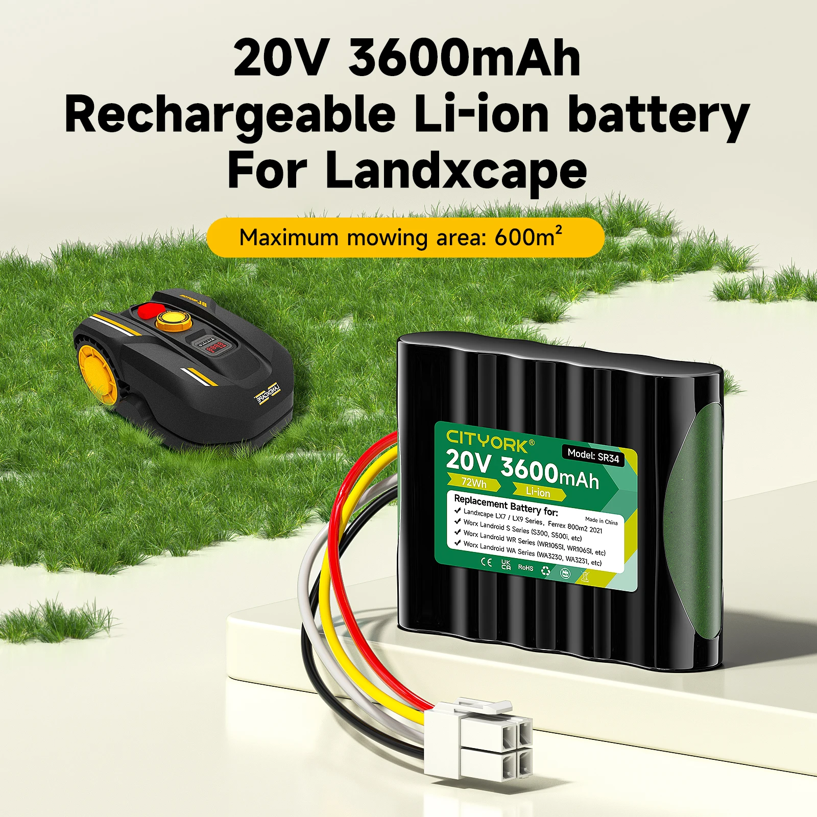 3600mAh Replacement Battery for Worx Landroid S300, S500I, for Worx WA3230, for Landxcape LX7 / LX9 Series Lawn Mower Battery