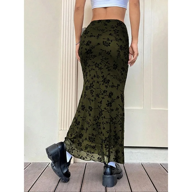 Women's Y2K Long Mermaid High Waist Lace Mesh Floral Flock Midi Skirt for Women Party Night Out Wear with Slit Detail and
