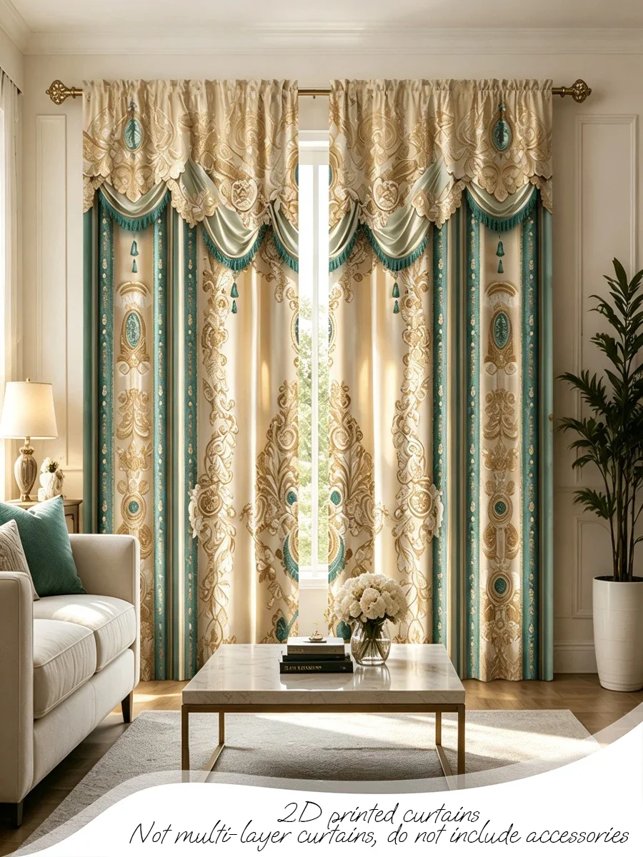 Elegant Beige and Teal Printed Curtains for Living Room Home Decor Semi-Sheer Window Drapes