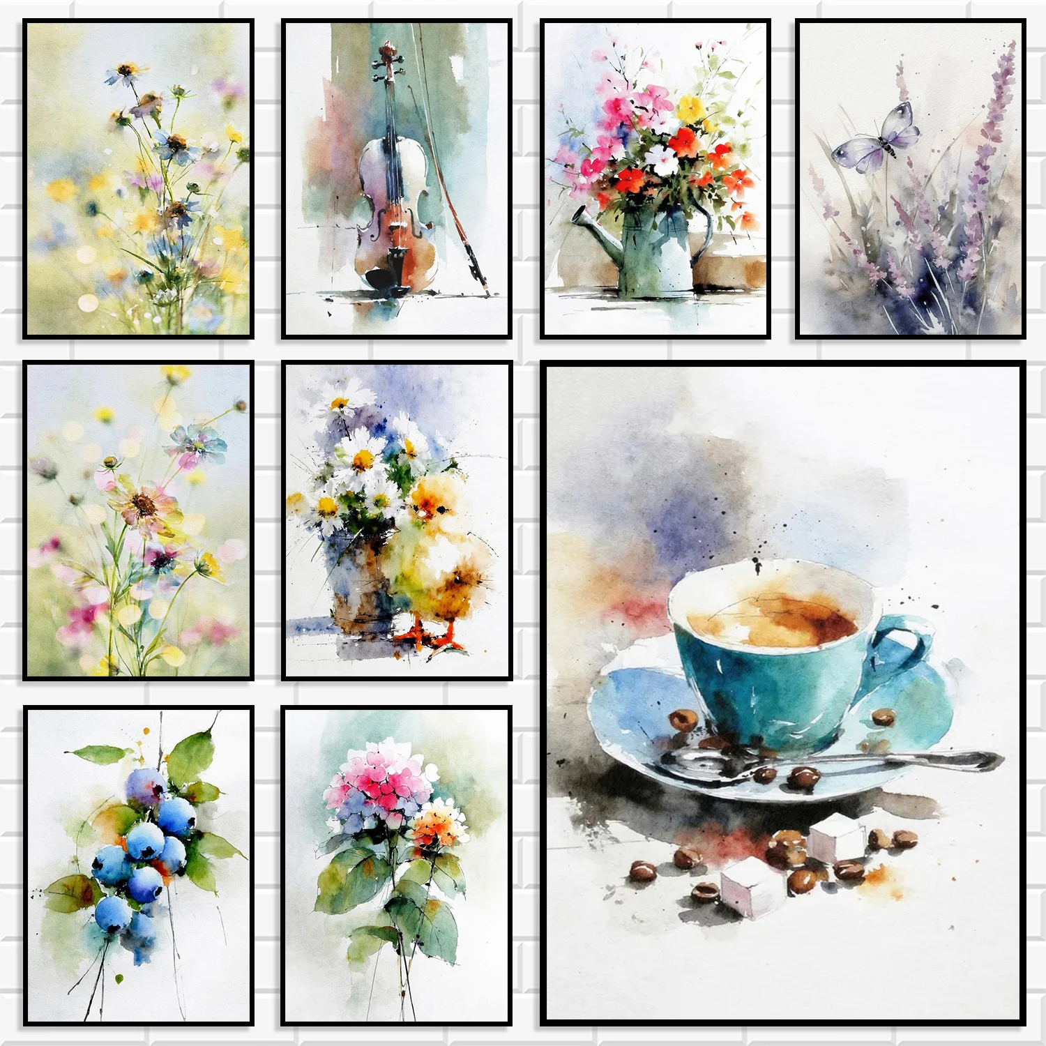Watercolor Wildflower Coffee Violin Canvas Wall Art Soft Aesthetic Floral Posters Prints Nordic Living Room Kitchen Home Decor
